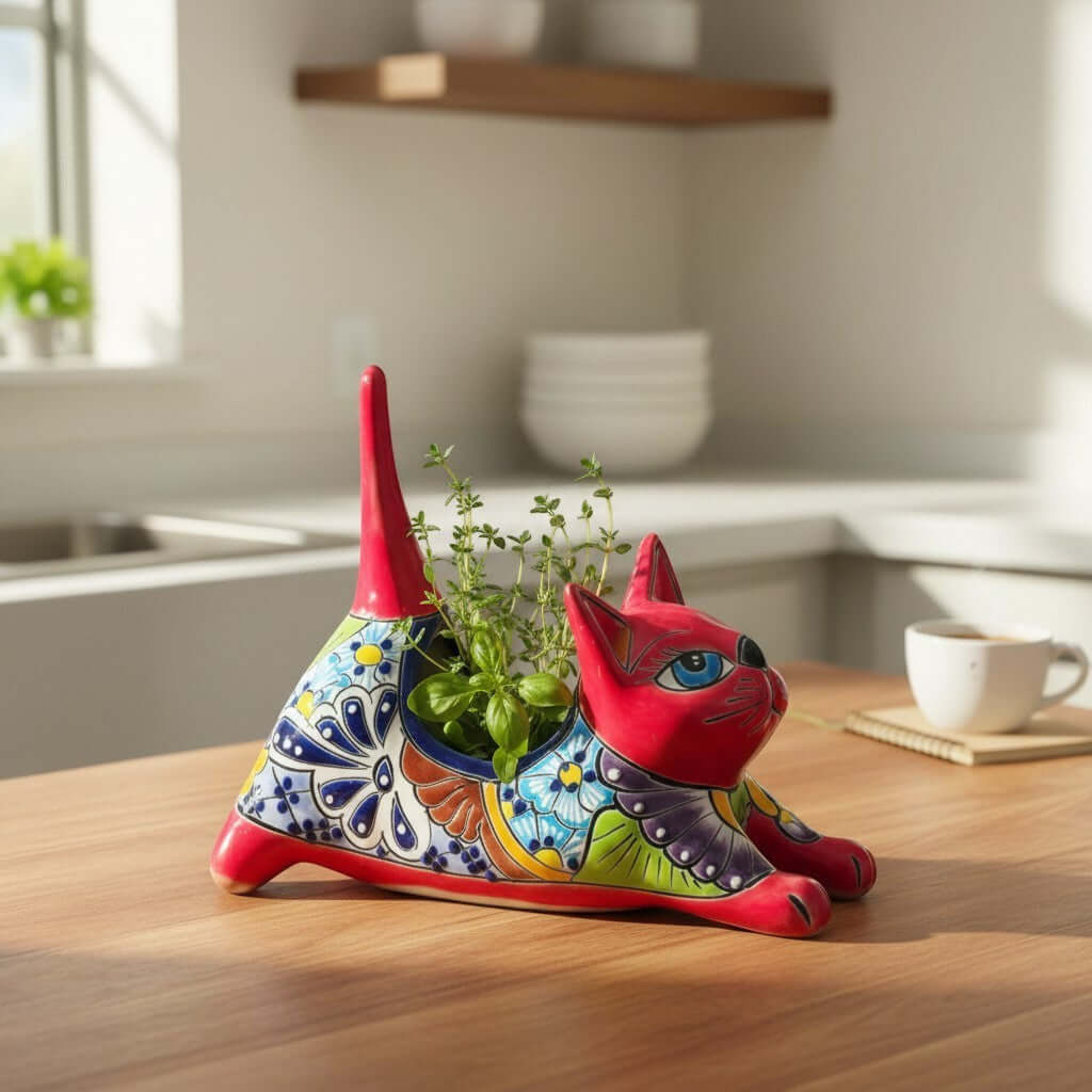 Talavera Cat Planter | Colorful Handcrafted Stretching Animal Pot