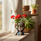 Talavera Skull Girl Planter | Hand-Painted Day of the Dead Pot