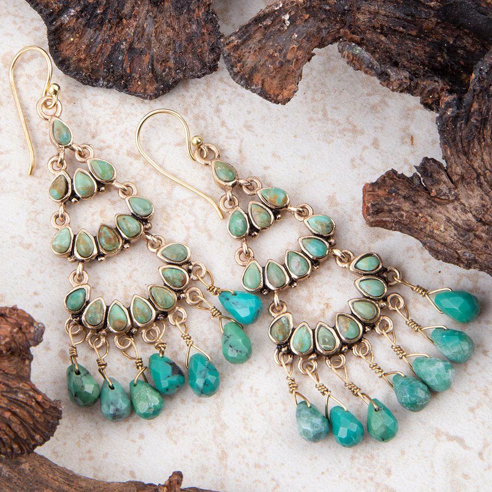 Triple the Blue Turquoise Golden Chandelier Earrings by Barse Jewelry