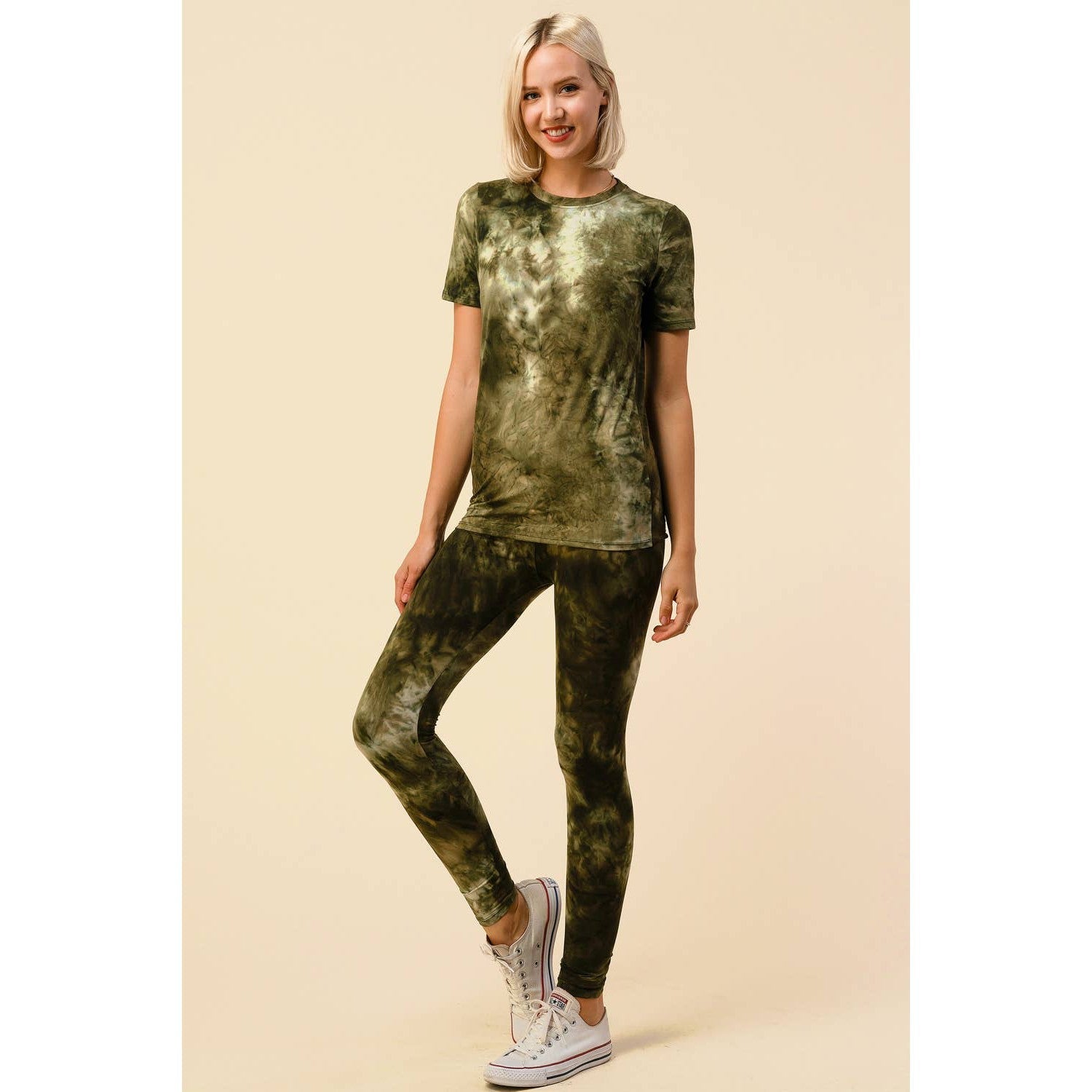 Tie Dye Round Neck Short Sleeve Top and Leggings Set [Available in Black or Olive] - One Size S/M Apparel La Vie Bien Tie Dye Round Neck Short Sleeve Top and Leggings Set [Available in Black or Olive] - One Size S/M