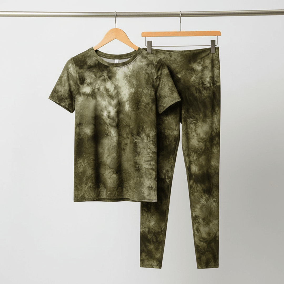 Tie Dye Round Neck Short Sleeve Top and Leggings Set [Available in Black or Olive] - One Size S/M Apparel La Vie Bien Tie Dye Round Neck Short Sleeve Top and Leggings Set [Available in Black or Olive] - One Size S/M