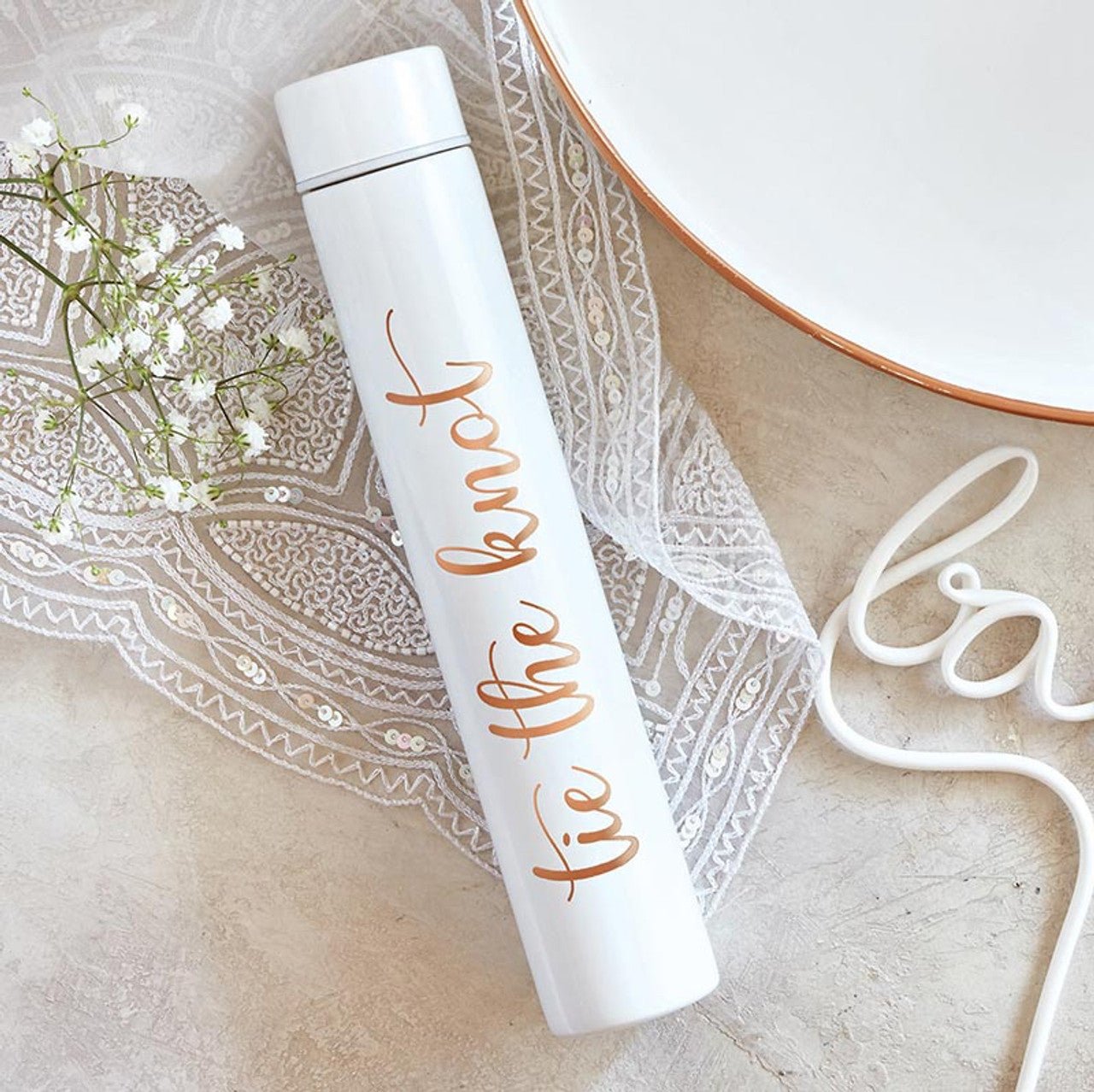 Tie The Knot Flask Bottle in White | Insulated Stainless Steel Wedding or Bridesmaid Gift Flask Bottle La Vie Bien Tie The Knot Flask Bottle in White | Insulated Stainless Steel Wedding or Bridesmaid Gift