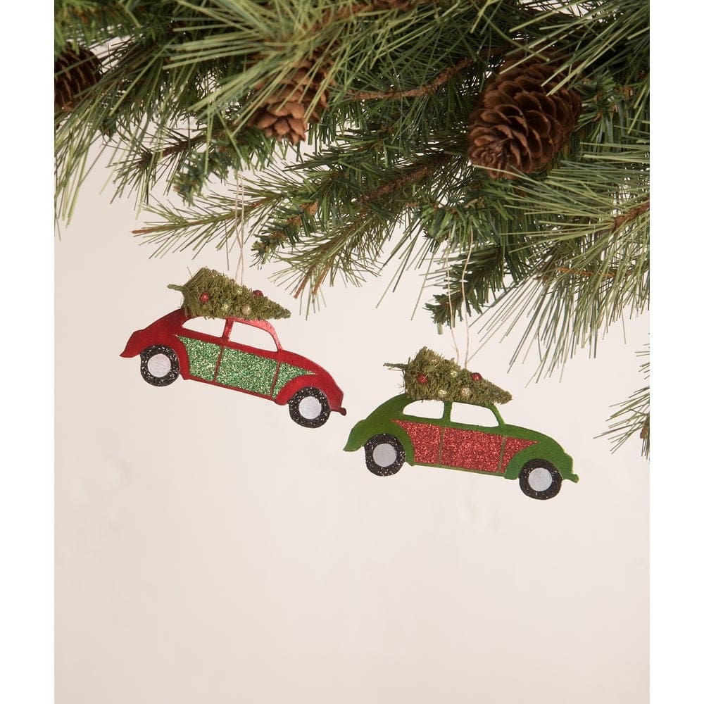 Tin Punch Buggy with Tree Ornament Set of 2 by Bethany Lowe Designs Holiday Ornaments La Vie Bien Tin Punch Buggy with Tree Ornament Set of 2 by Bethany Lowe Designs