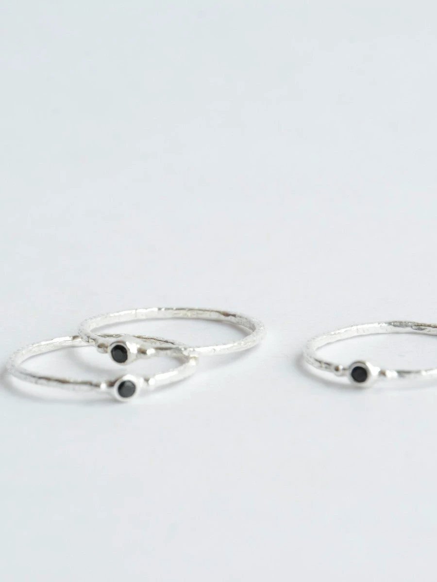 Tiny Stone Sterling Stacking Ring Set - Black