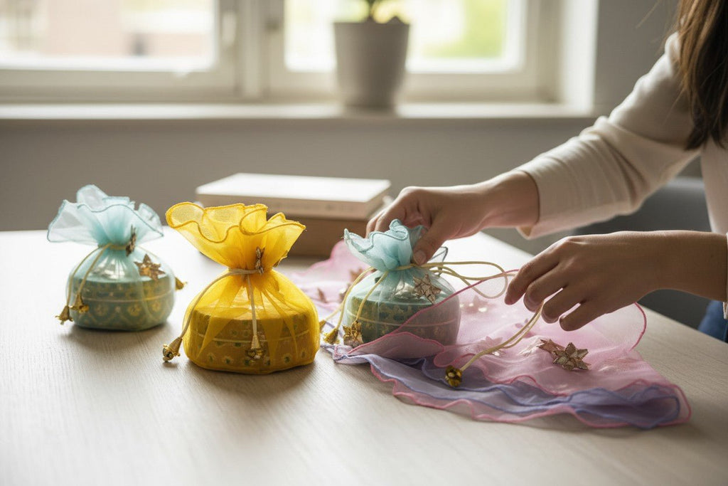 Tissue Open Potli with Star Design - Assorted Traditional Gifts La Vie Bien Tissue Open Potli with Star Design - Assorted