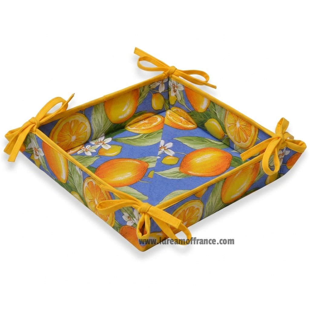 Lemons Blue Cotton Coated Bread Basket by Tissus Toselli