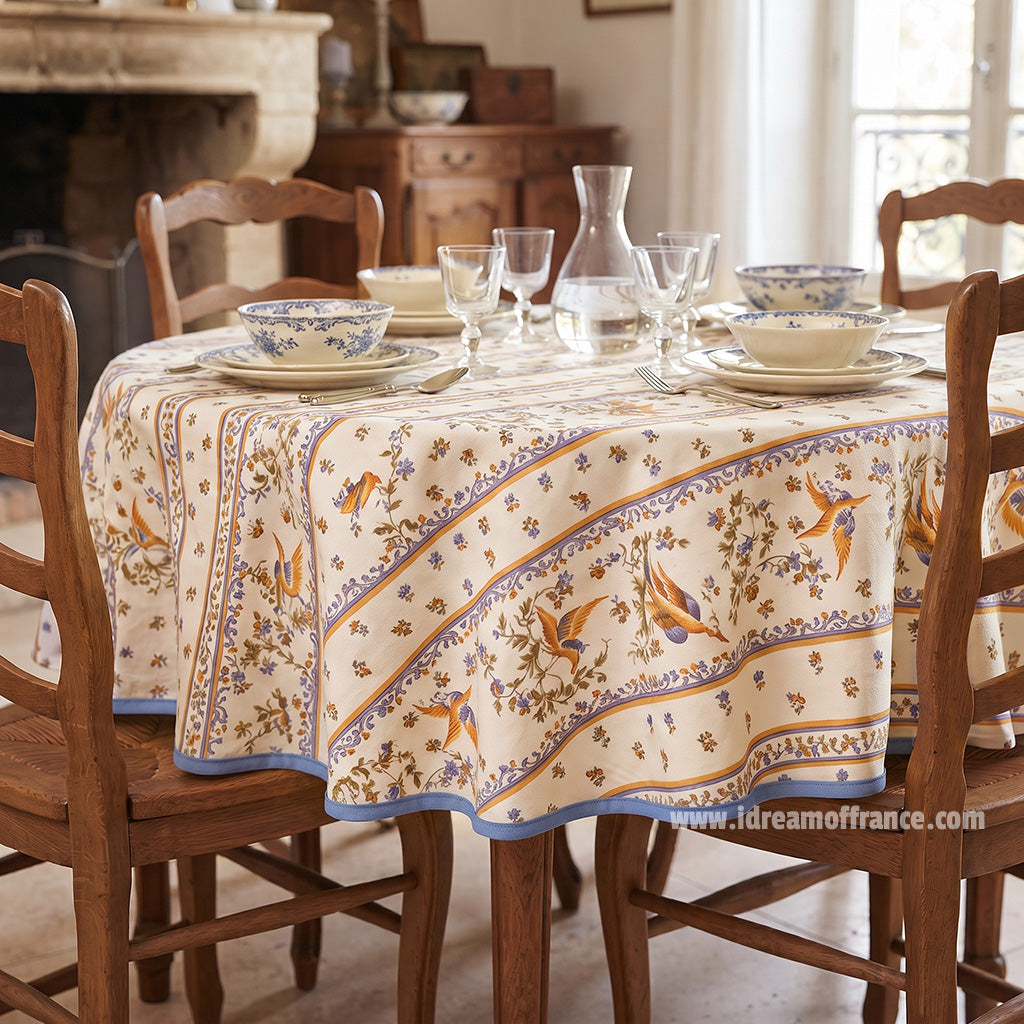 French Provencal tablecloth - Acrylic coated cotton, Spill-proof - 58" round - Moustiers blue | Tissus Toselli