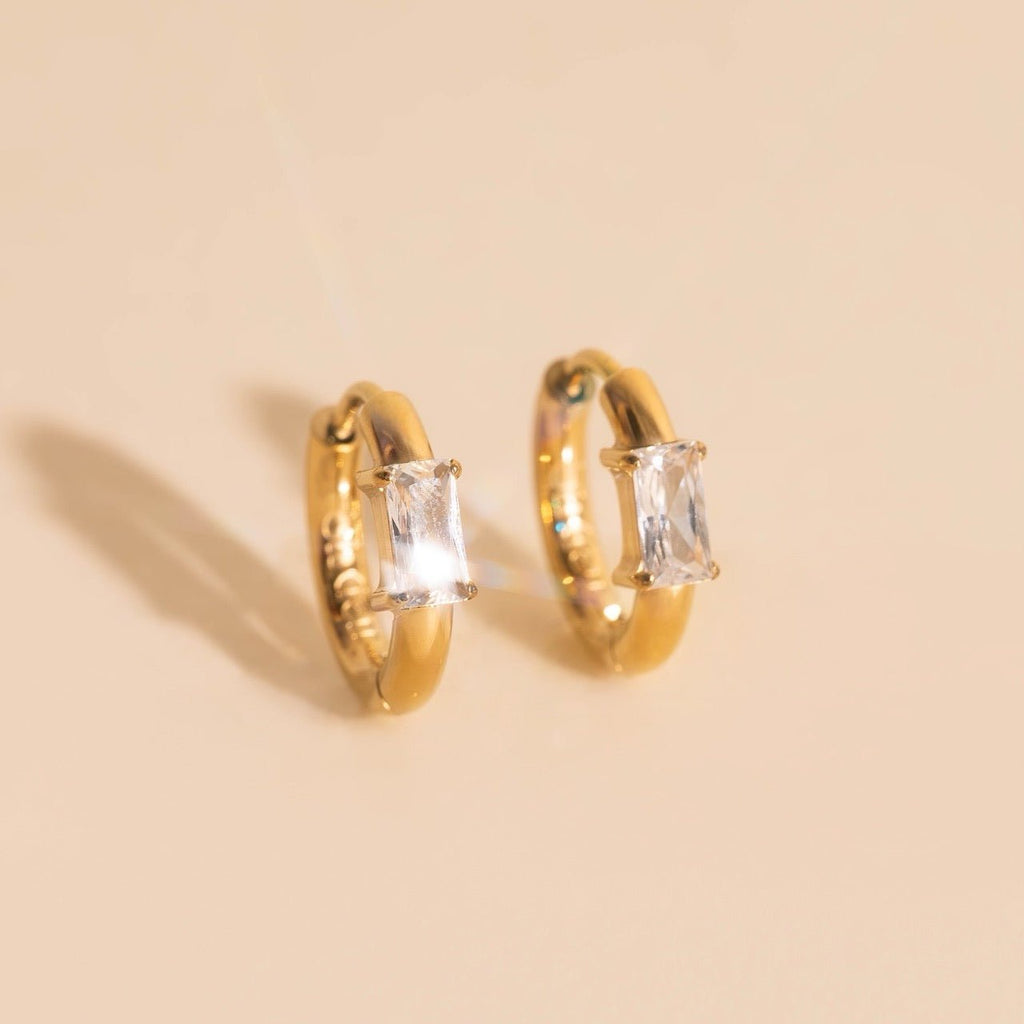 Titanium Baguette Crystal Rounded Huggie Hoop Earrings Rounded Huggie Hoops La Vie Bien Titanium Baguette Crystal Rounded Huggie Hoop Earrings