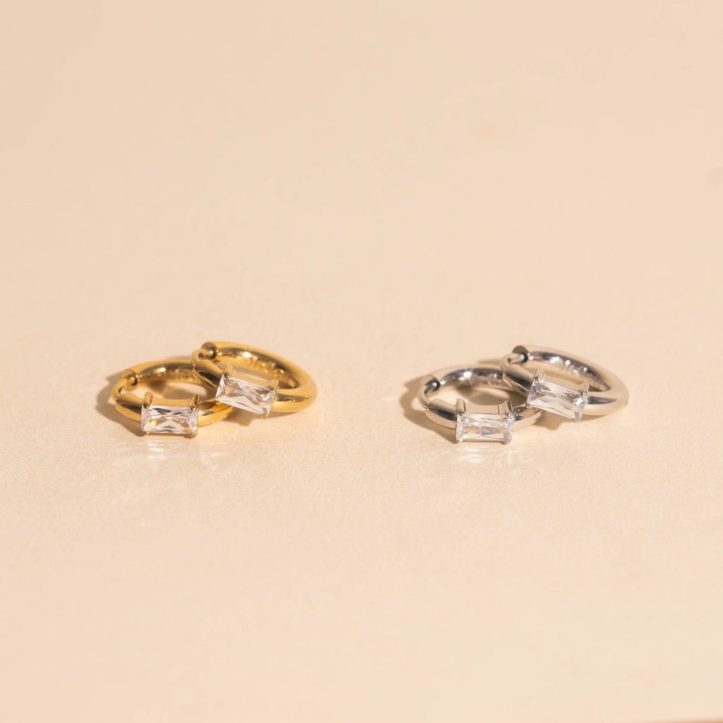 Titanium Baguette Crystal Rounded Huggie Hoop Earrings Rounded Huggie Hoops La Vie Bien Titanium Baguette Crystal Rounded Huggie Hoop Earrings