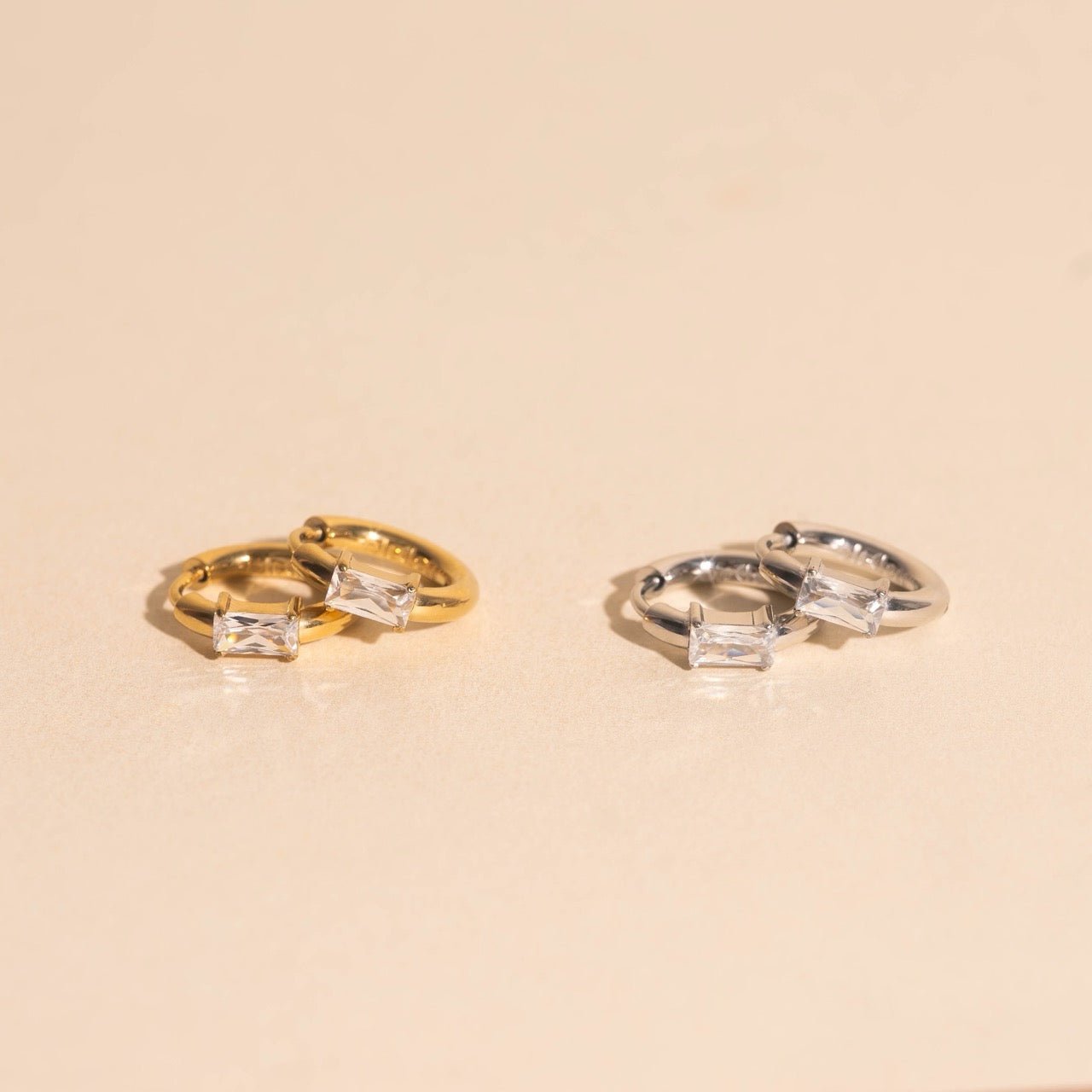 Titanium Baguette Crystal Rounded Huggie Hoop Earrings Rounded Huggie Hoops La Vie Bien Titanium Baguette Crystal Rounded Huggie Hoop Earrings