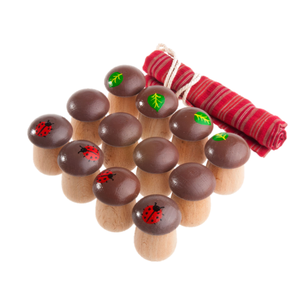 Educational Mushrooms Counters for kids math Play set of 12 in linen bag