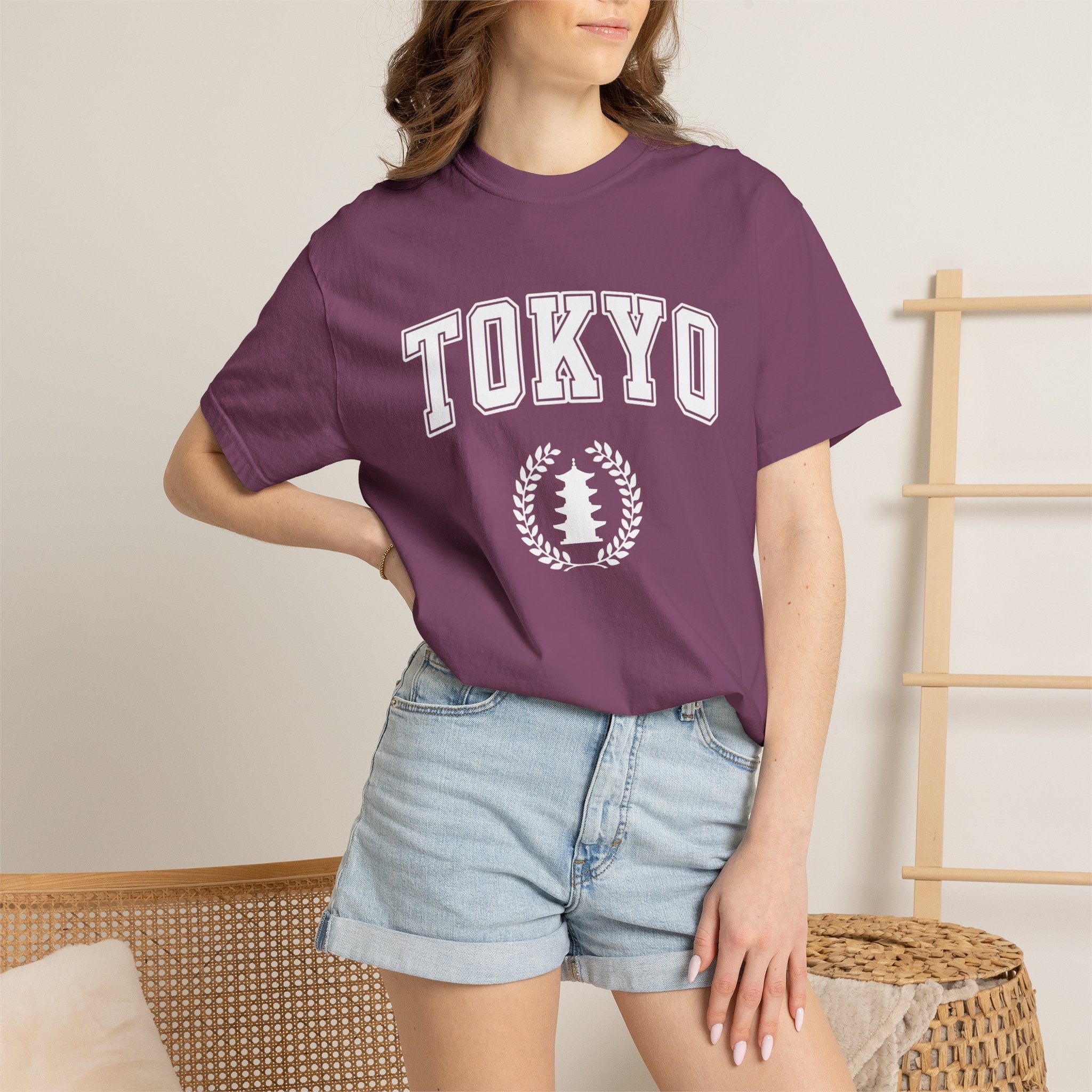 Tokyo Vintage-Style pagoda with laurel T-Shirt — Collegiate Graphic Tee T-Shirt La Vie Bien Tokyo Vintage-Style pagoda with laurel T-Shirt — Collegiate Graphic Tee