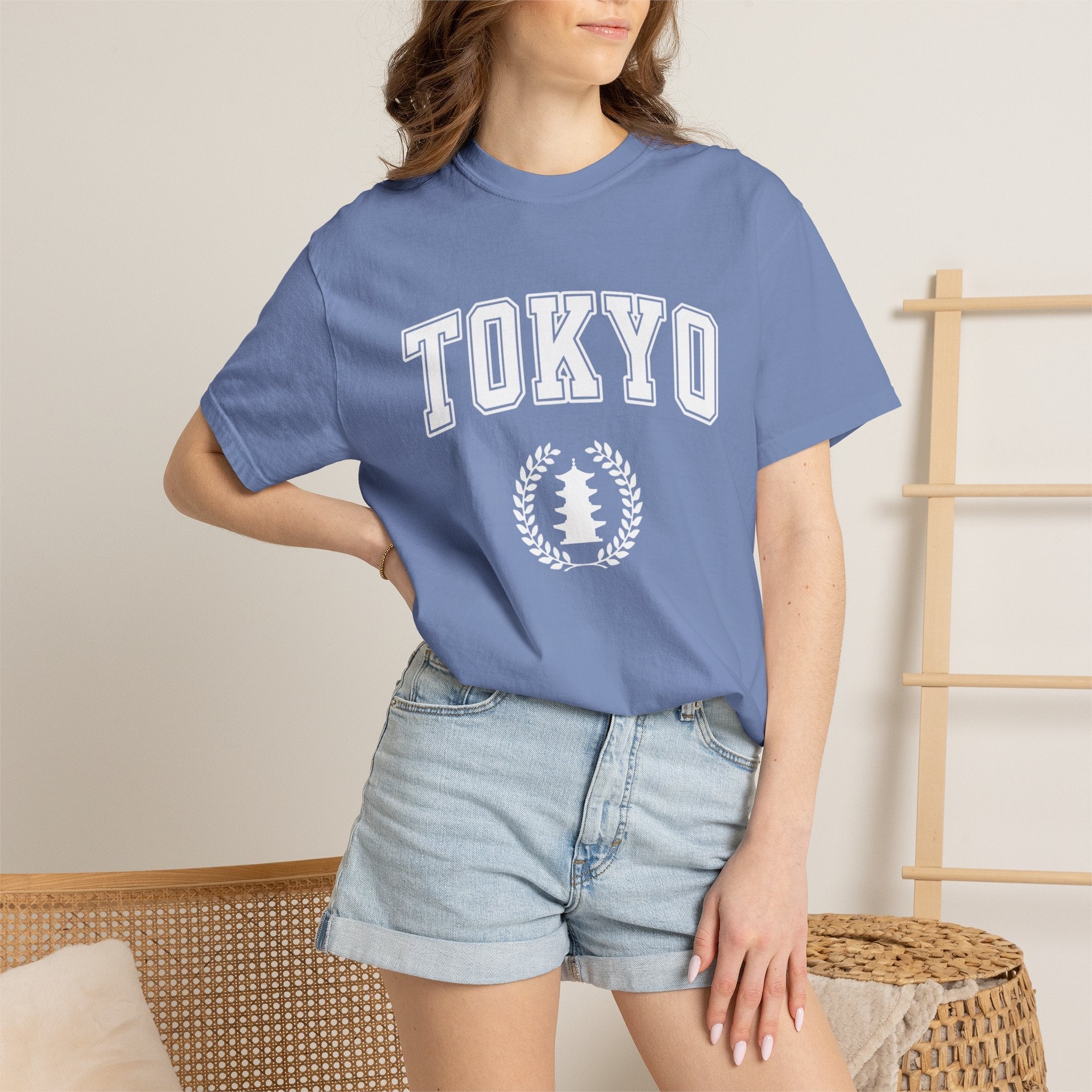 Tokyo Vintage-Style pagoda with laurel T-Shirt — Collegiate Graphic Tee T-Shirt La Vie Bien Tokyo Vintage-Style pagoda with laurel T-Shirt — Collegiate Graphic Tee