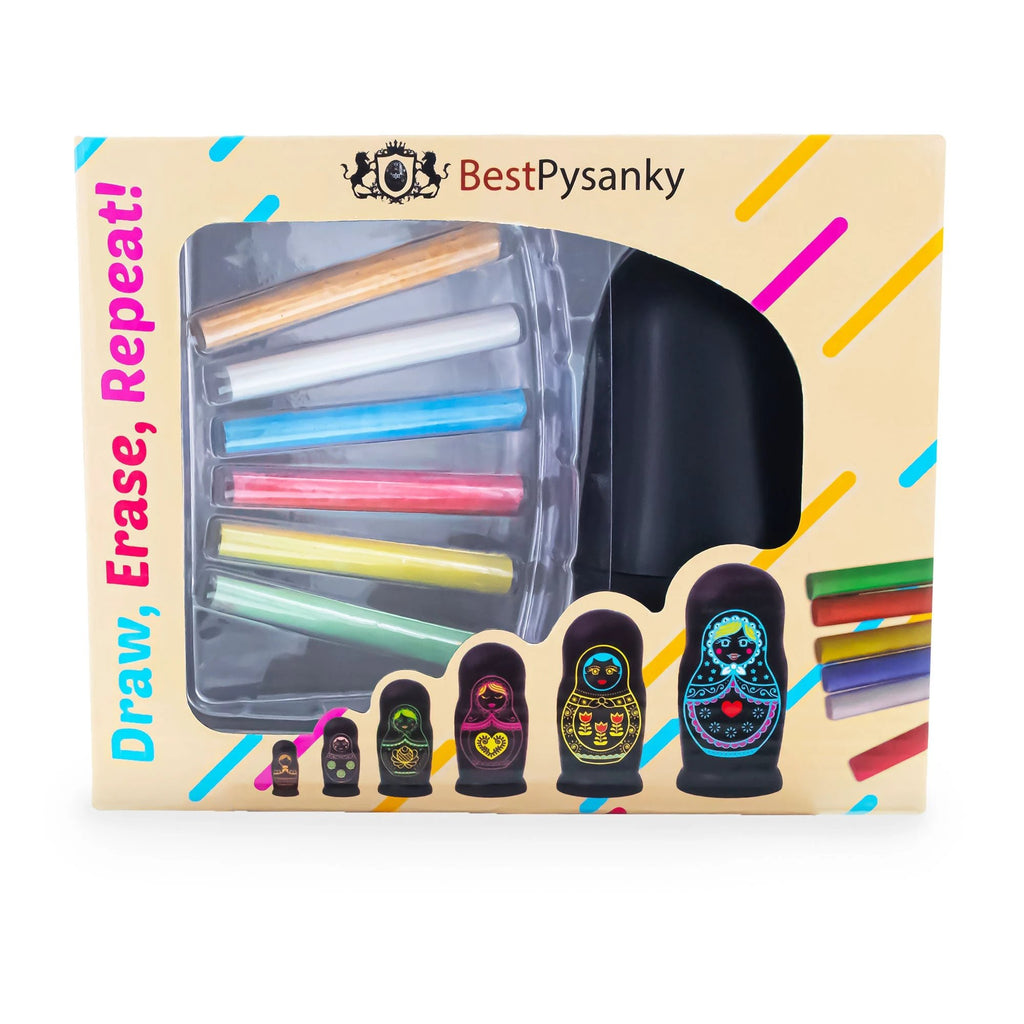 Set of 6 Chalkboard Plastic Nesting Dolls with Color Chalks Reusable DIY Drawing Matryoshka Craft Kit by BestPysanky