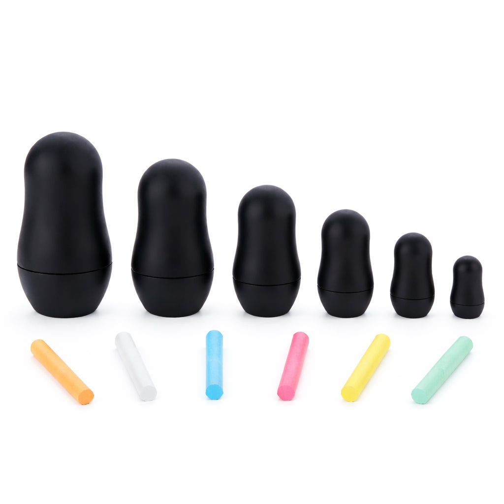 Set of 6 Chalkboard Plastic Nesting Dolls with Color Chalks Reusable DIY Drawing Matryoshka Craft Kit