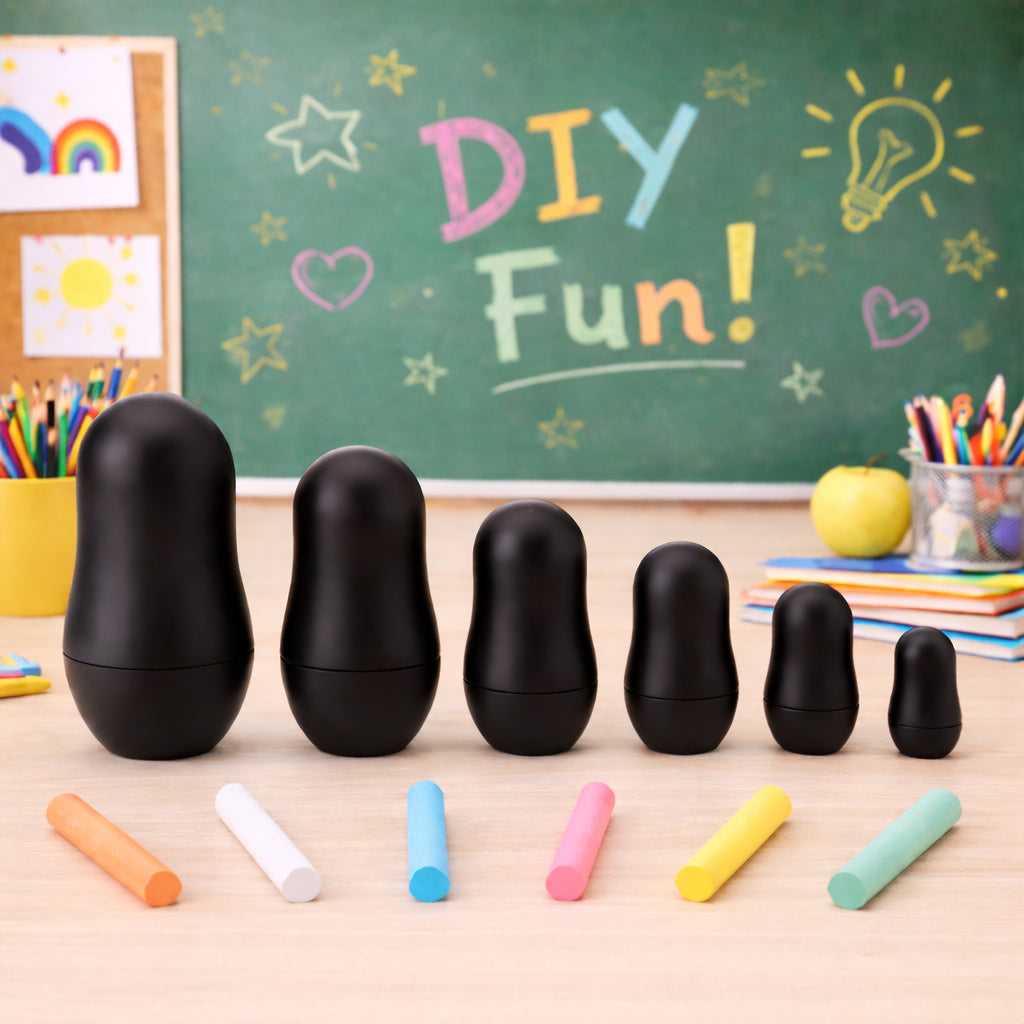 Set of 6 Chalkboard Plastic Nesting Dolls with Color Chalks Reusable DIY Drawing Matryoshka Craft Kit