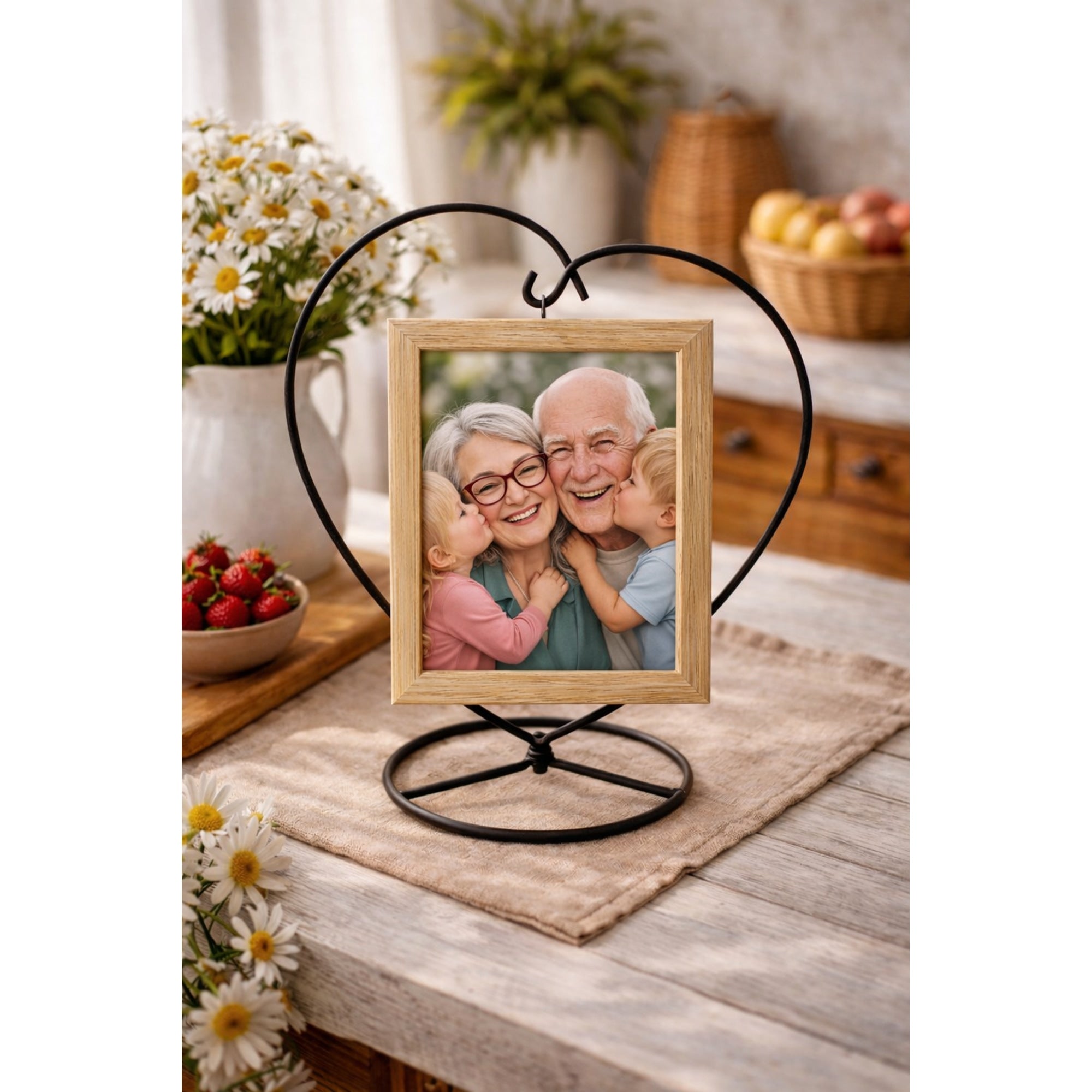 Heart-Shaped Hanging Photo Picture Frame and Black Metal Ornament Stand 9.75 Inches