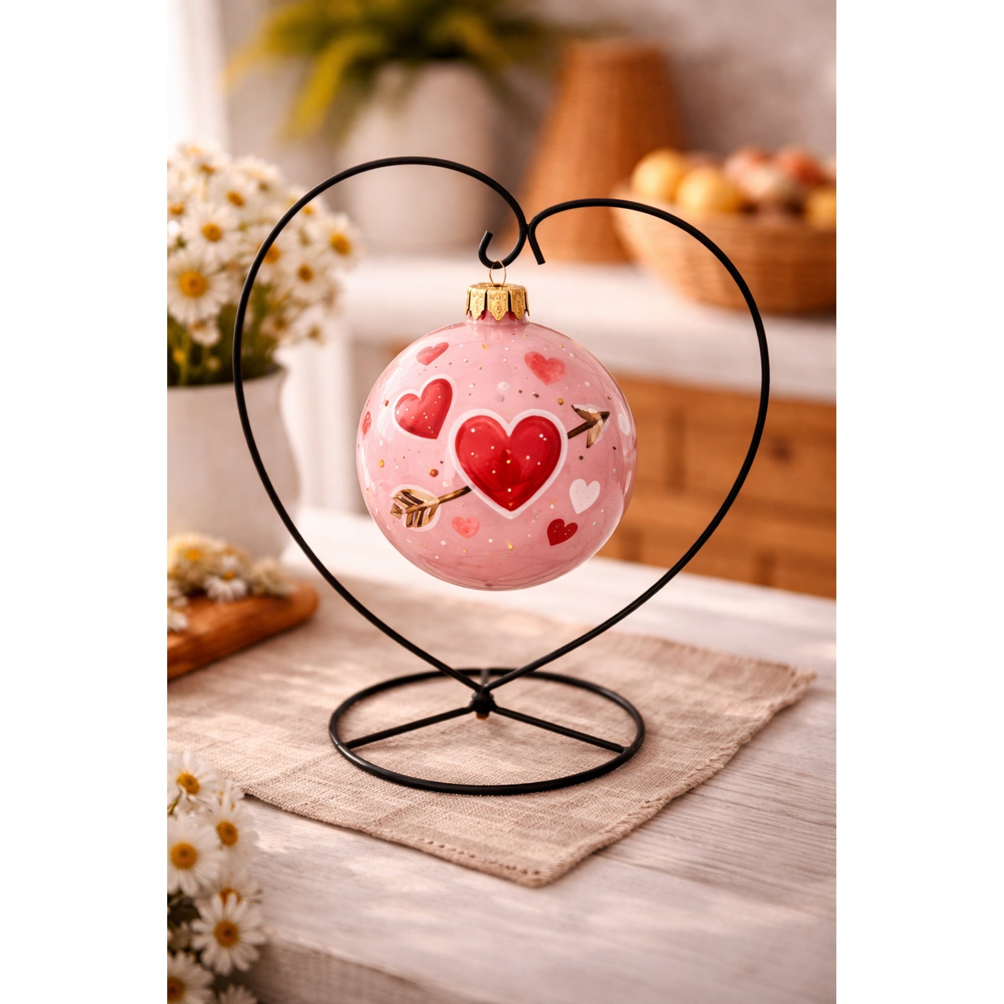 Heart-Shaped Hanging Photo Picture Frame and Black Metal Ornament Stand 9.75 Inches