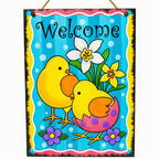 Easter Chick Decorative Wall Sign Spring Welcome Hanging Plaque with Floral Design 10 Inches