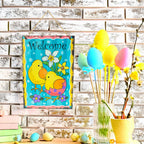 Easter Chick Decorative Wall Sign Spring Welcome Hanging Plaque with Floral Design 10 Inches