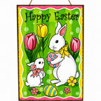 Easter Bunny Decorative Wall Sign Spring Egg Hunt Hanging Plaque with Flowers 10 Inches Tall