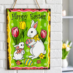 Easter Bunny Decorative Wall Sign Spring Egg Hunt Hanging Plaque with Flowers 10 Inches Tall