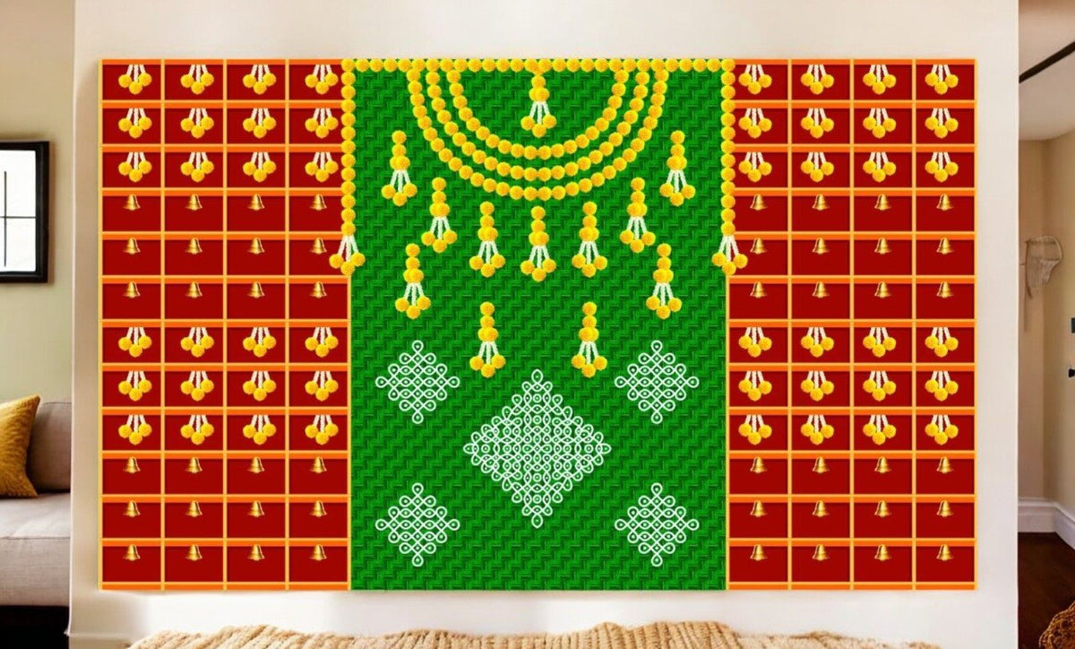 Traditional Indian Backdrop for Diwali, Wedding, Housewarming - 5 x 8 Feet Fabric Backdrop (AS1436) La Vie Bien Traditional Indian Backdrop for Diwali, Wedding, Housewarming - 5 x 8 Feet Fabric Backdrop (AS1436)