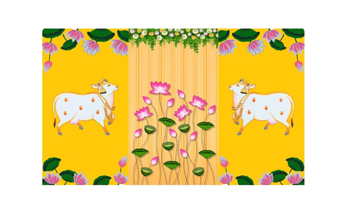 Traditional Pichwai Backdrop for Diwali, Wedding, Housewarming - 5 x 8 Feet Fabric Backdrop (1119) Festive Decor La Vie Bien Traditional Pichwai Backdrop for Diwali, Wedding, Housewarming - 5 x 8 Feet Fabric Backdrop (1119)