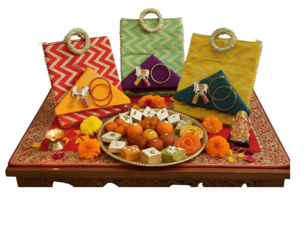 Traditional Ready to Give Combo for Half Saree, Haldi Kumkum ceremony includes Blouse Piece, Bangles, Haldi kumkum packets in Chevron Bag Favors & Return Gifts La Vie Bien Traditional Ready to Give Combo for Half Saree, Haldi Kumkum ceremony includes Blouse Piece, Bangles, Haldi kumkum packets in Chevron Bag