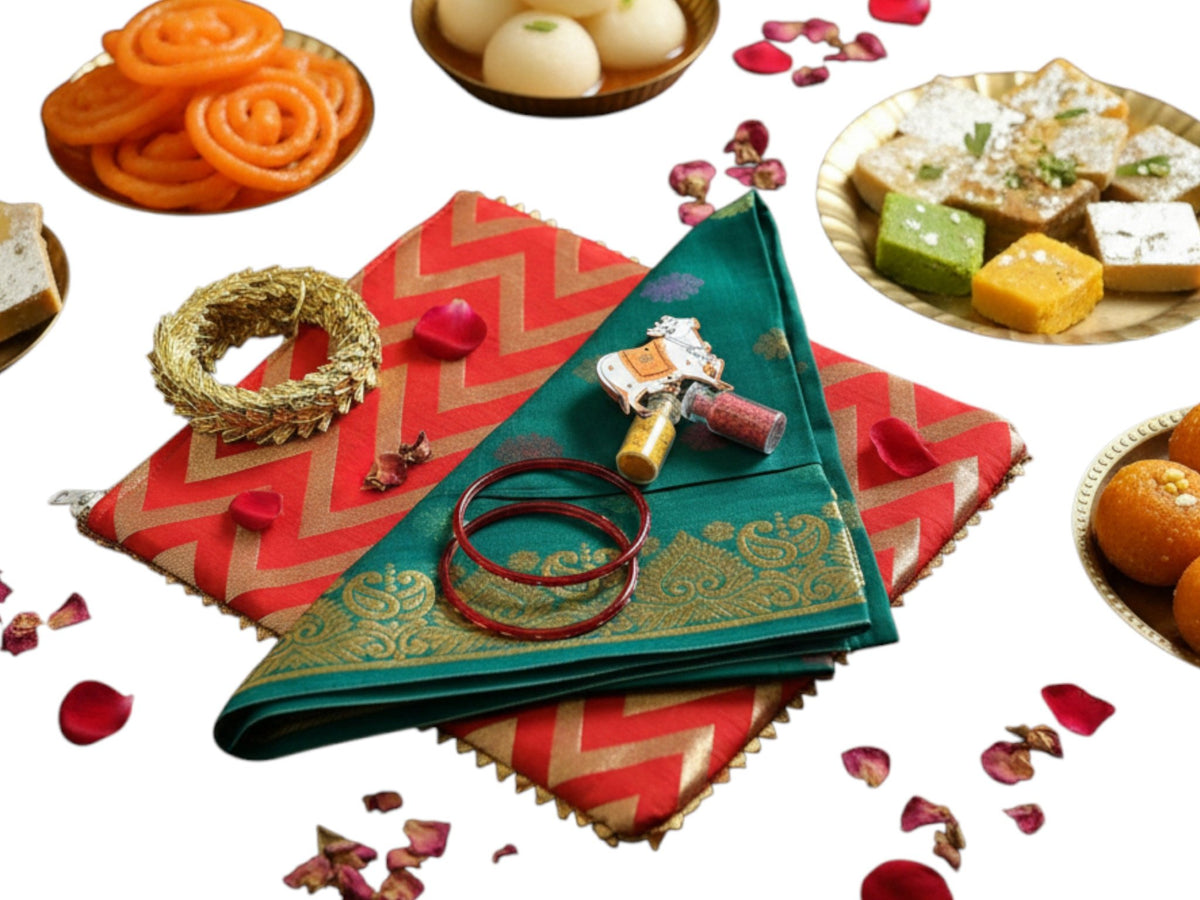 Traditional Ready to Give Combo for Half Saree, Haldi Kumkum ceremony includes Blouse Piece, Bangles, Haldi kumkum packets in Chevron Bag Favors & Return Gifts La Vie Bien Traditional Ready to Give Combo for Half Saree, Haldi Kumkum ceremony includes Blouse Piece, Bangles, Haldi kumkum packets in Chevron Bag