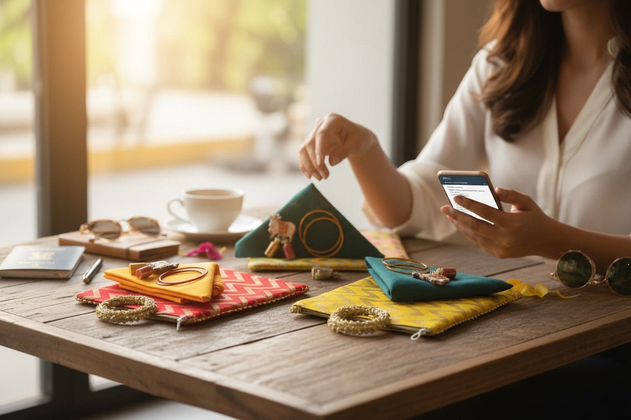 Traditional Ready to Give Combo for Half Saree, Haldi Kumkum ceremony includes Blouse Piece, Bangles, Haldi kumkum packets in Chevron Bag Favors & Return Gifts La Vie Bien Traditional Ready to Give Combo for Half Saree, Haldi Kumkum ceremony includes Blouse Piece, Bangles, Haldi kumkum packets in Chevron Bag