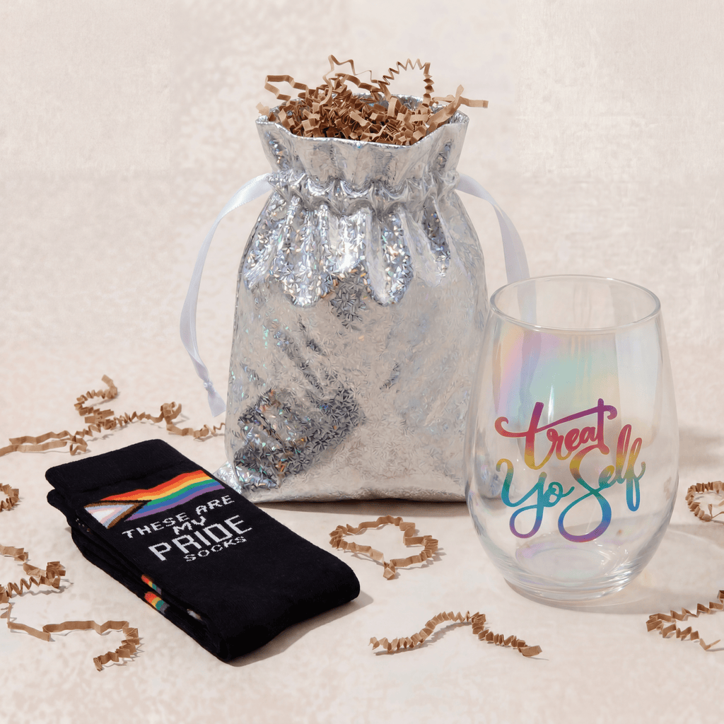 Treat Yo Self Gift Set | Jumbo Wine Glass & Pride Socks in Gift Bag | Ready to Gift! Gift Set La Vie Bien Treat Yo Self Gift Set | Jumbo Wine Glass & Pride Socks in Gift Bag | Ready to Gift!