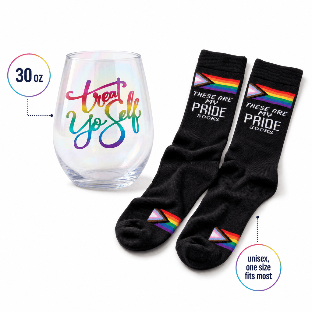 Treat Yo Self Gift Set | Jumbo Wine Glass & Pride Socks in Gift Bag | Ready to Gift! Gift Set La Vie Bien Treat Yo Self Gift Set | Jumbo Wine Glass & Pride Socks in Gift Bag | Ready to Gift!