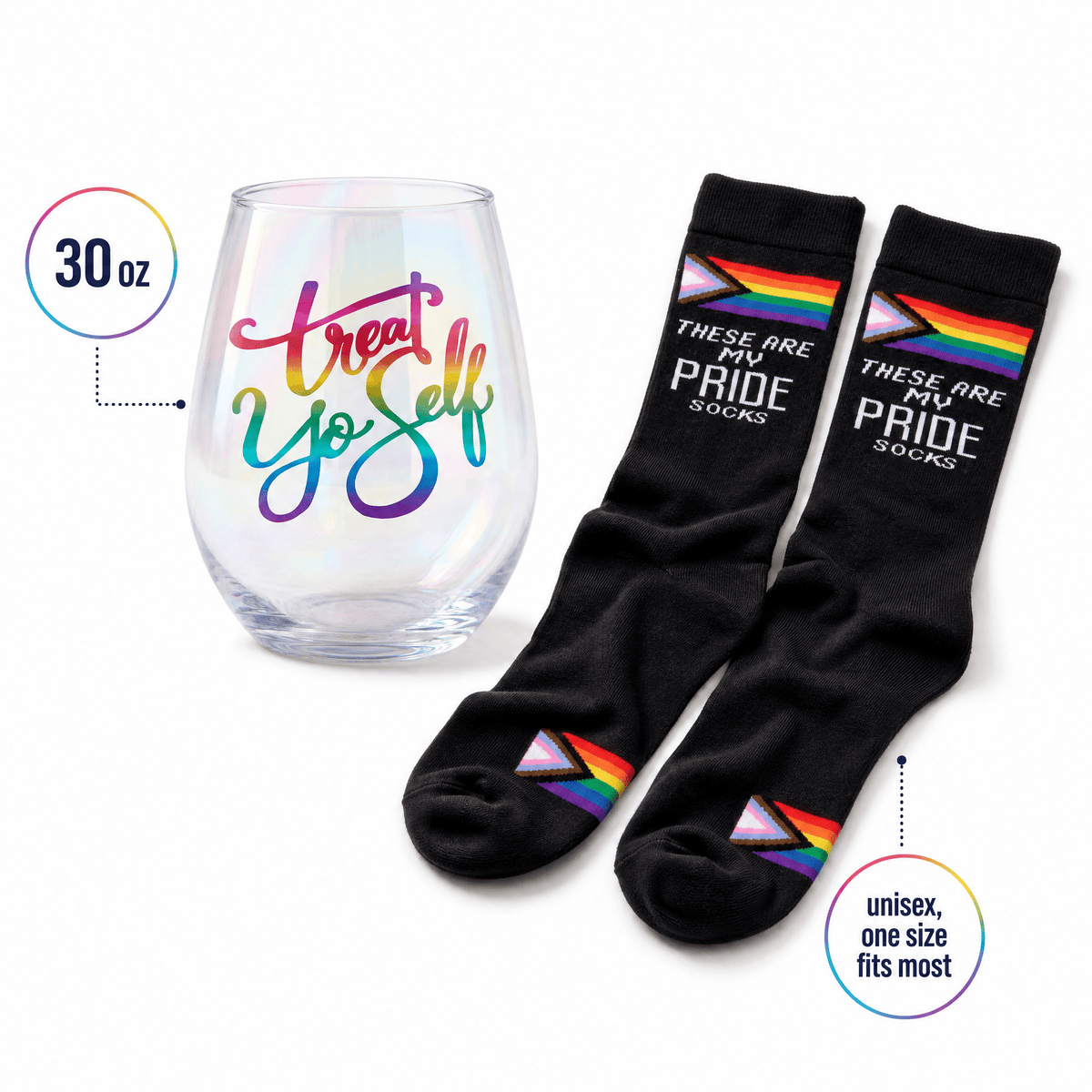 Treat Yo Self Gift Set | Jumbo Wine Glass & Pride Socks in Gift Bag | Ready to Gift! Gift Set La Vie Bien Treat Yo Self Gift Set | Jumbo Wine Glass & Pride Socks in Gift Bag | Ready to Gift!