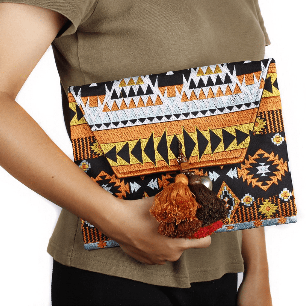 Tribal Clutch with Tassels & Bells - Thailand Bags La Vie Bien Tribal Clutch with Tassels & Bells - Thailand