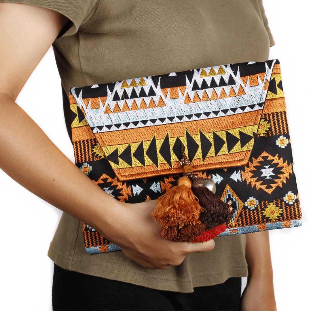 Tribal Clutch with Tassels & Bells - Thailand Bags La Vie Bien Tribal Clutch with Tassels & Bells - Thailand