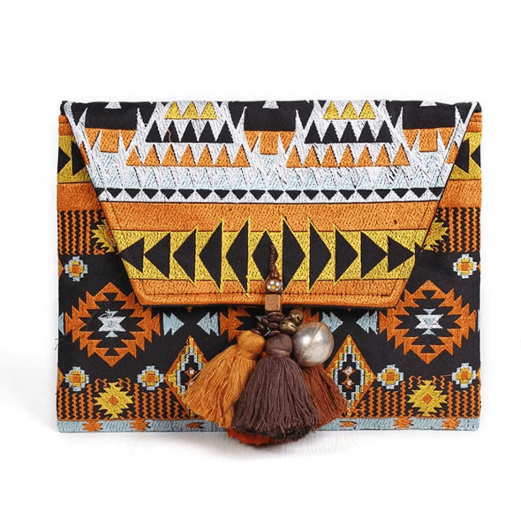 Tribal Clutch with Tassels & Bells - Thailand Bags La Vie Bien Tribal Clutch with Tassels & Bells - Thailand