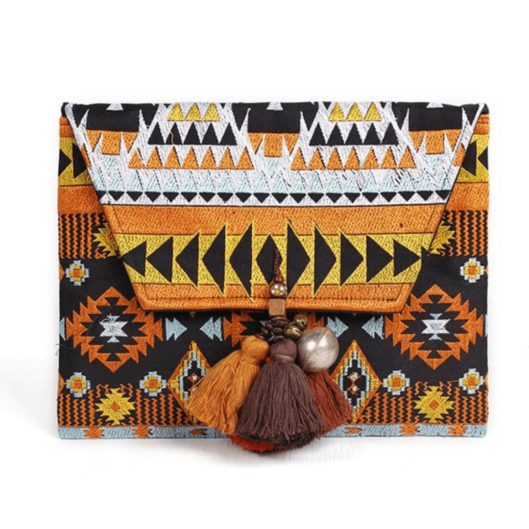 Tribal Clutch with Tassels & Bells - Thailand Bags La Vie Bien Tribal Clutch with Tassels & Bells - Thailand
