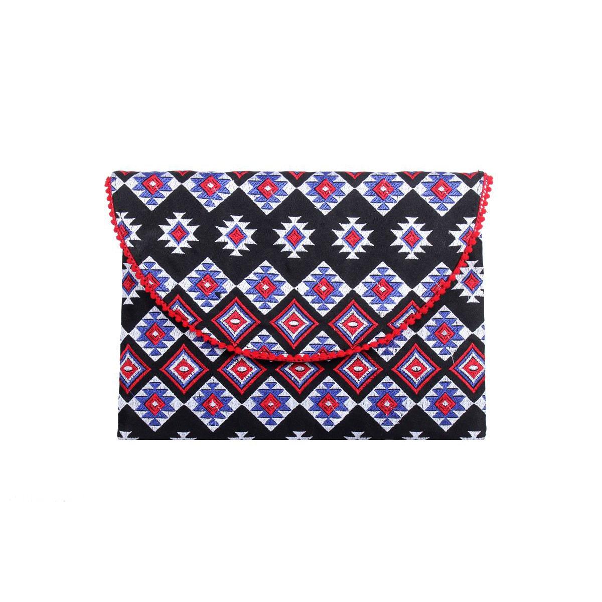 Tribal Embroidered Clutch Pompom Bag - Thailand Bags La Vie Bien Tribal Embroidered Clutch Pompom Bag - Thailand