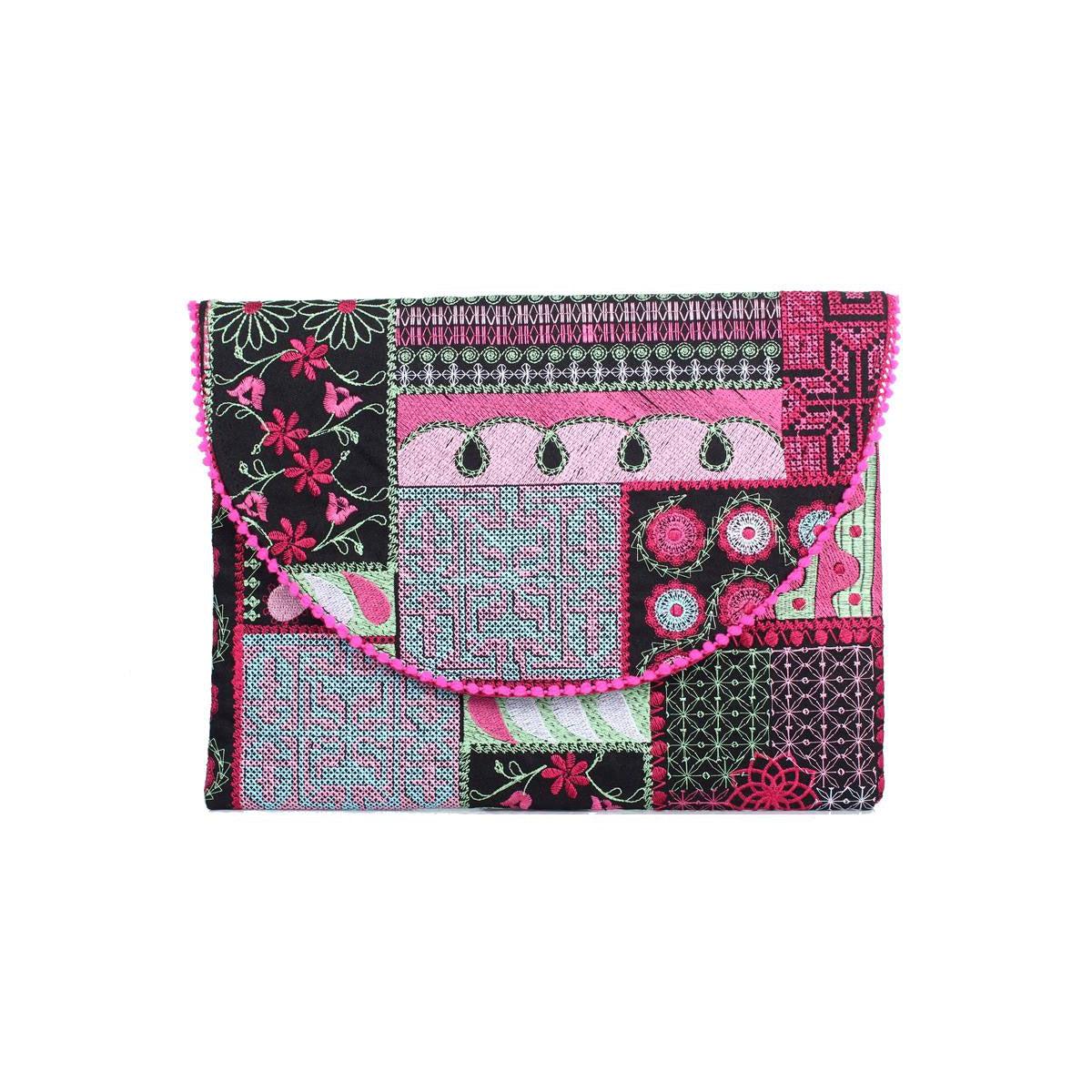 Tribal Embroidered Clutch Pompom Bag - Thailand Bags La Vie Bien Tribal Embroidered Clutch Pompom Bag - Thailand