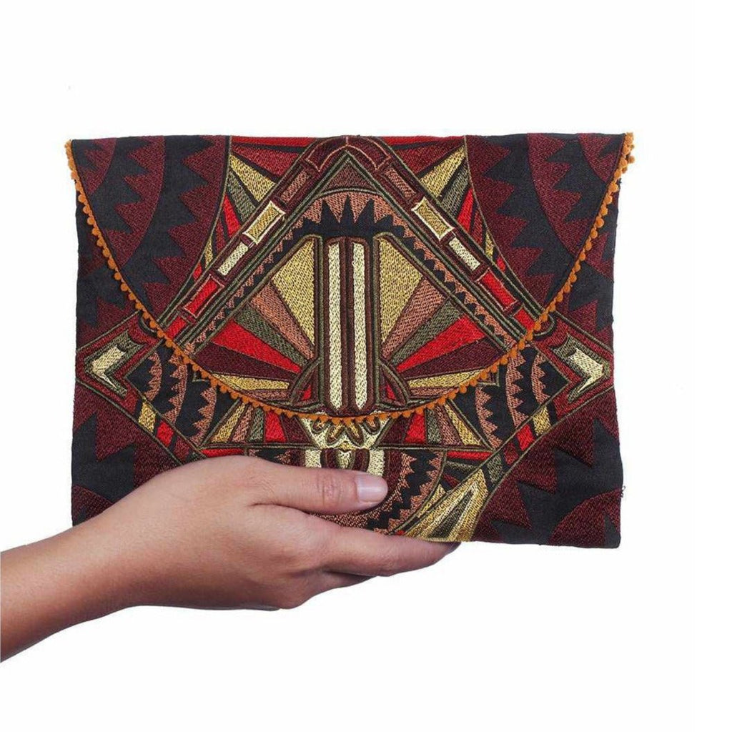 Tribal Embroidered Clutch Pompom Bag - Thailand Bags La Vie Bien Tribal Embroidered Clutch Pompom Bag - Thailand