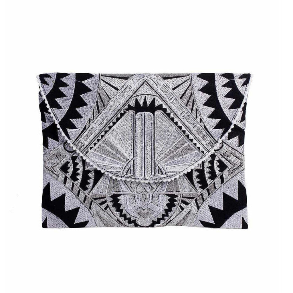 Tribal Embroidered Clutch Pompom Bag - Thailand Bags La Vie Bien Tribal Embroidered Clutch Pompom Bag - Thailand