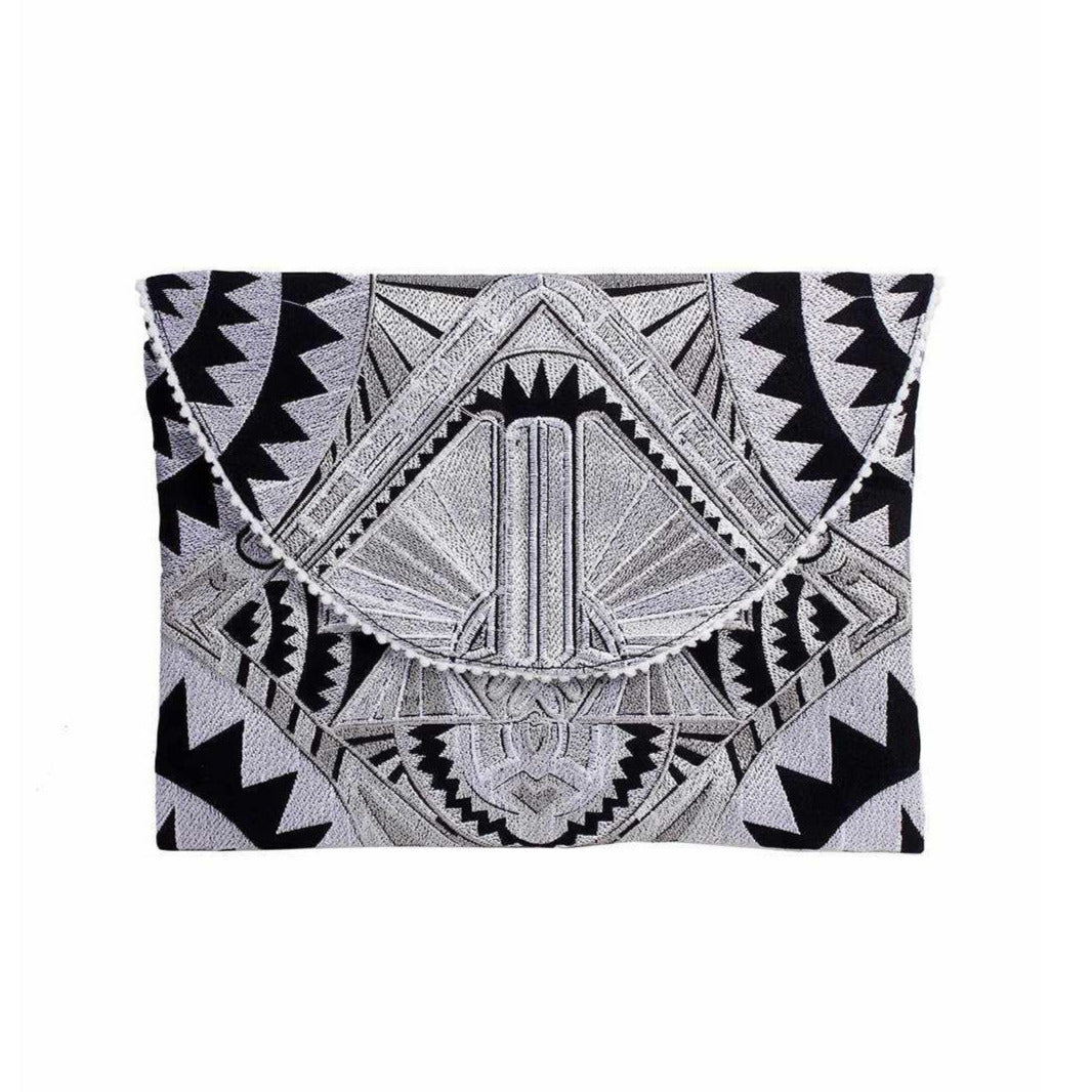 Tribal Embroidered Clutch Pompom Bag - Thailand Bags La Vie Bien Tribal Embroidered Clutch Pompom Bag - Thailand
