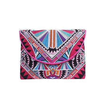 Tribal Embroidered Clutch Pompom Bag - Thailand Bags La Vie Bien Tribal Embroidered Clutch Pompom Bag - Thailand