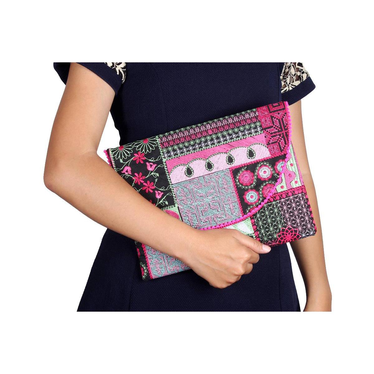 Tribal Embroidered Clutch Pompom Bag - Thailand Bags La Vie Bien Tribal Embroidered Clutch Pompom Bag - Thailand