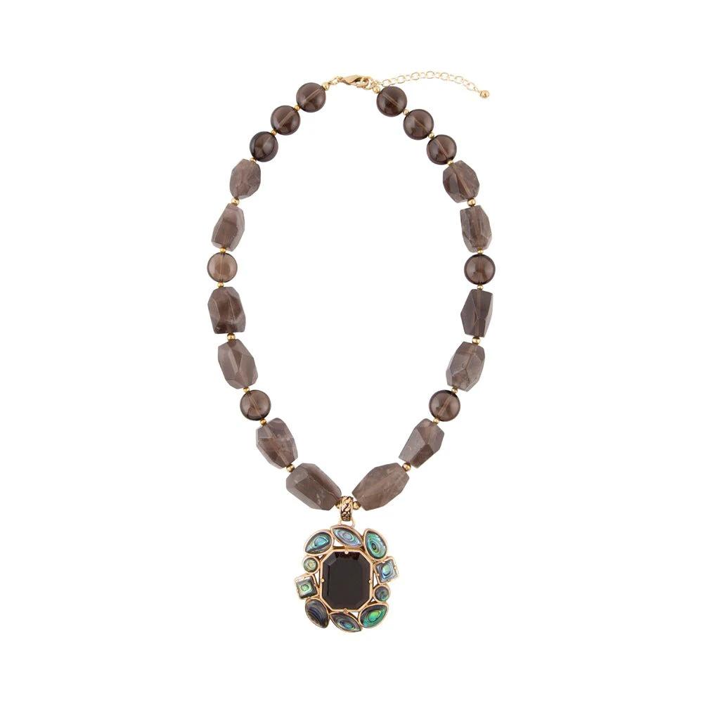 Tribecca Blue Abalone and Black Smoky Quartz Golden Statement Necklace by Barse Jewelry
