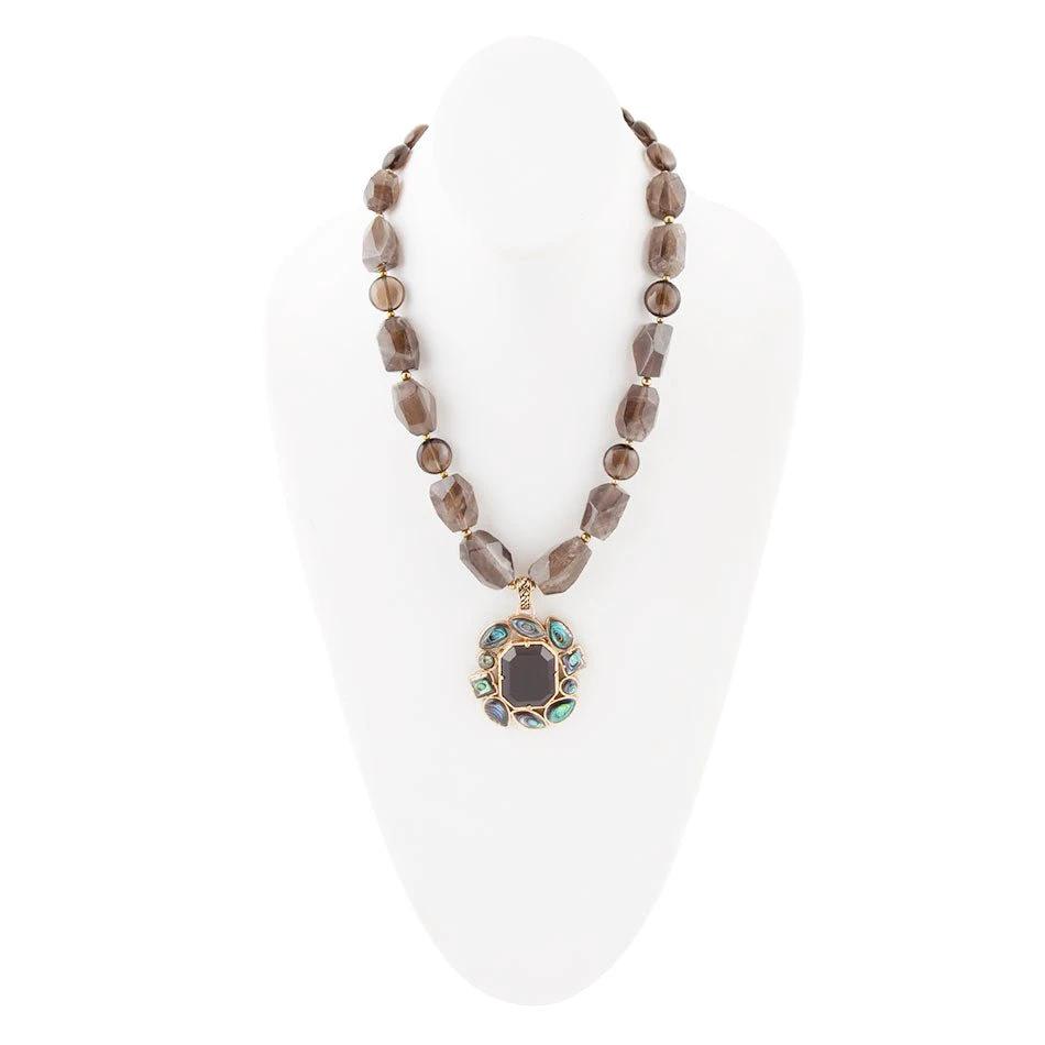 Tribecca Blue Abalone and Black Smoky Quartz Golden Statement Necklace by Barse Jewelry