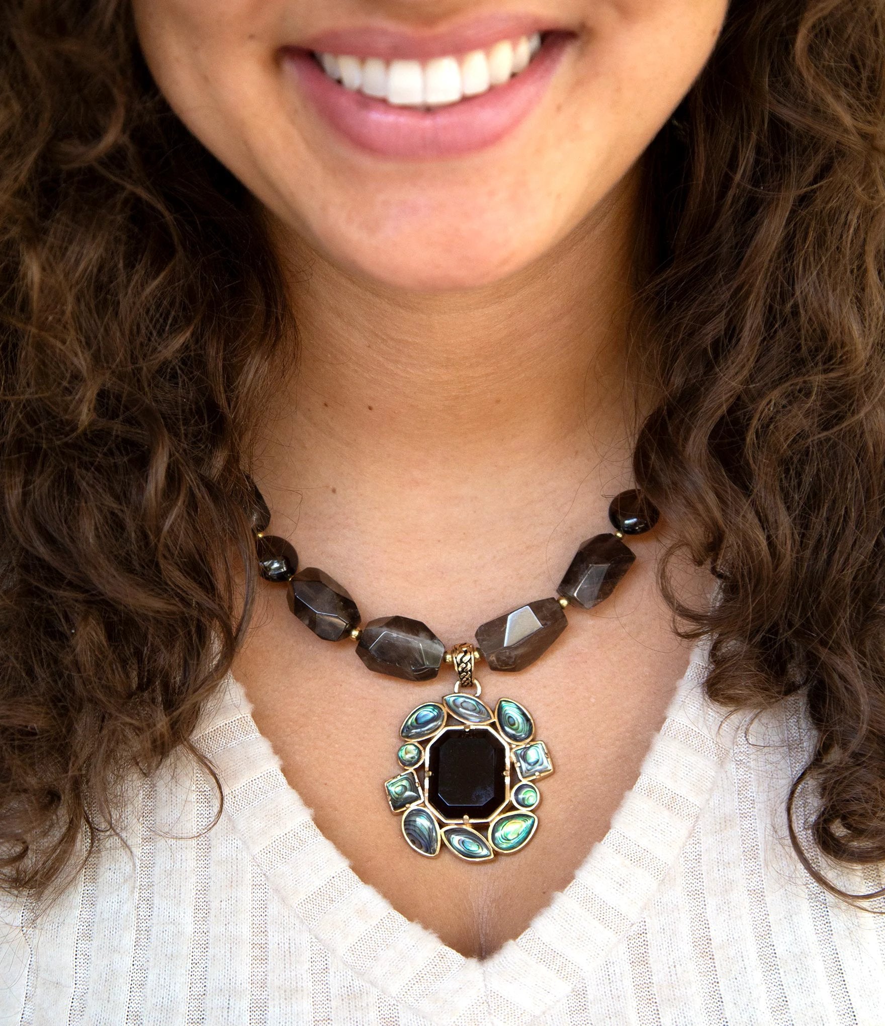 Tribecca Blue Abalone and Black Smoky Quartz Golden Statement Necklace by Barse Jewelry