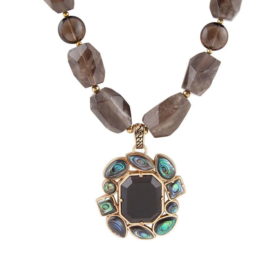 Tribecca Blue Abalone and Black Smoky Quartz Golden Statement Necklace by Barse Jewelry