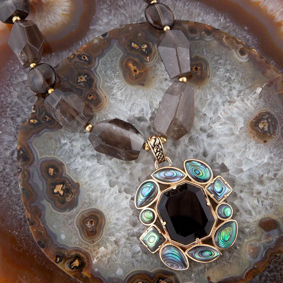 Tribecca Blue Abalone and Black Smoky Quartz Golden Statement Necklace by Barse Jewelry